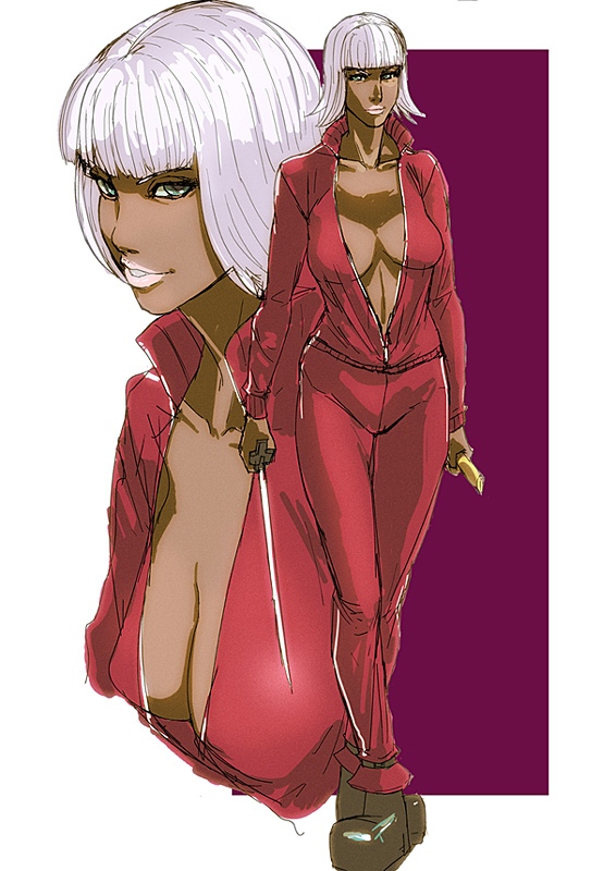 kuruma hajime, bad id, bad pixiv id, 1girl, breasts, cleavage, dark-skinned female, dark skin, large breasts, track suit, white hair