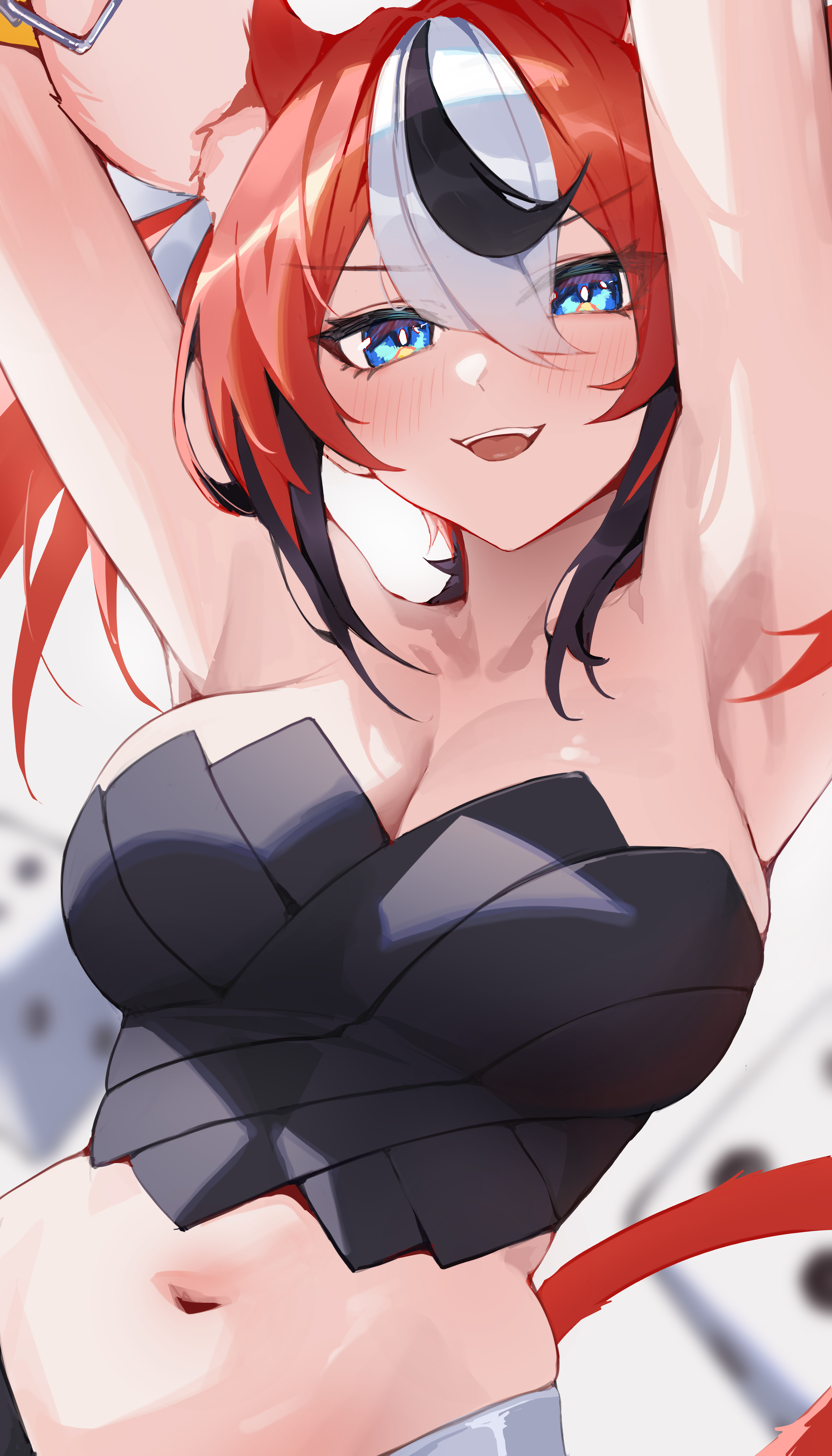 yoellim5, hakos baelz, hololive, hololive english, absurdres, commentary, english commentary, highres, 1girl, animal ears, arms up, black tube top, blue eyes, breasts, large breasts, long hair, midriff, mouse ears, mouse tail, multicolored hair, navel, red hair, strapless, streaked hair, tail, tube top, very long hair, virtual youtuber