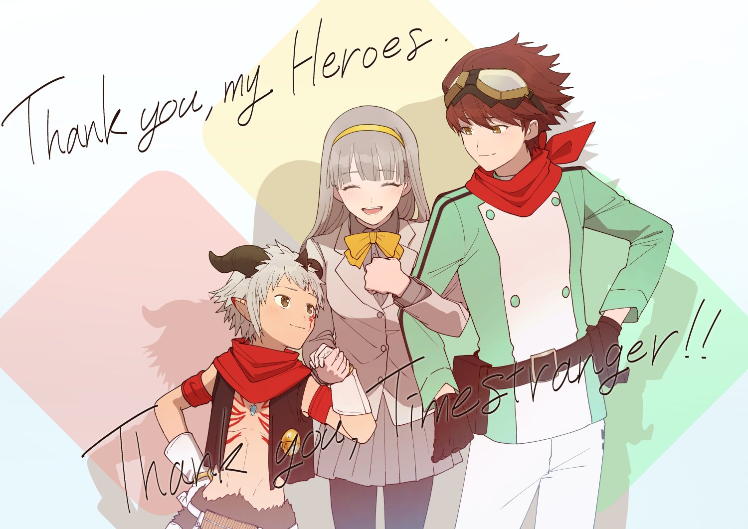 limit deji, aegiomon, misono inori, yuuki dan, digimon, digimon story: time stranger, 1girl, 2boys, animal ears, black vest, body markings, brown eyes, brown hair, chest jewel, closed eyes, copyright name, cowboy shot, facial mark, goat boy, green jacket, grey hair, grey jacket, grey skirt, group picture, horns, jacket, long hair, miniskirt, multiple boys, no shirt, pants, pleated skirt, pointy ears, red jacket, short hair, skirt, thank you, vest, white pants, yellow eyes