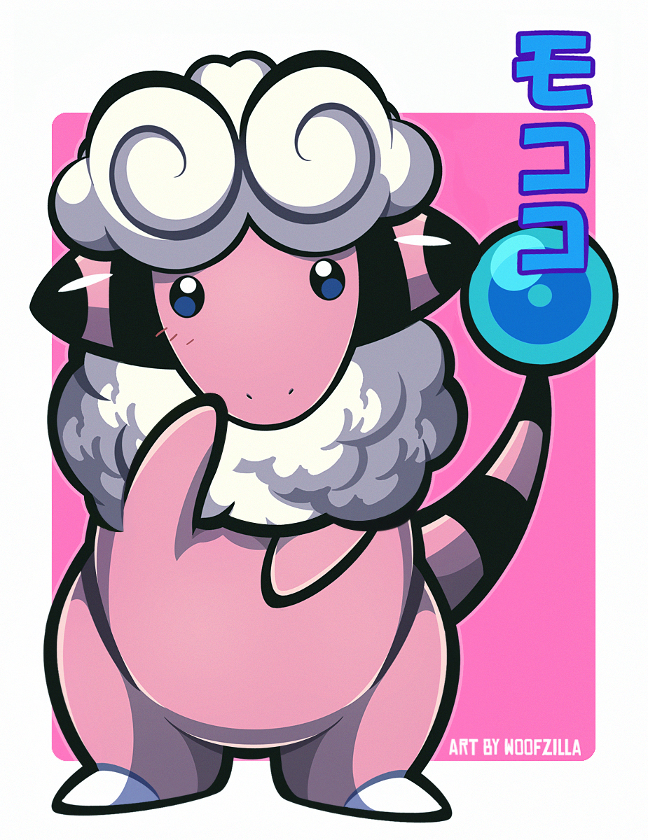 woofzilla, flaaffy, nintendo, pokemon, commentary, english commentary, highres, translation request, artist name, blue eyes, blush, border, bright pupils, closed mouth, full body, gen 2 pokemon, looking at viewer, no humans, nostrils, pink background, pokemon (creature), simple background, solo, standing, white border, white pupils