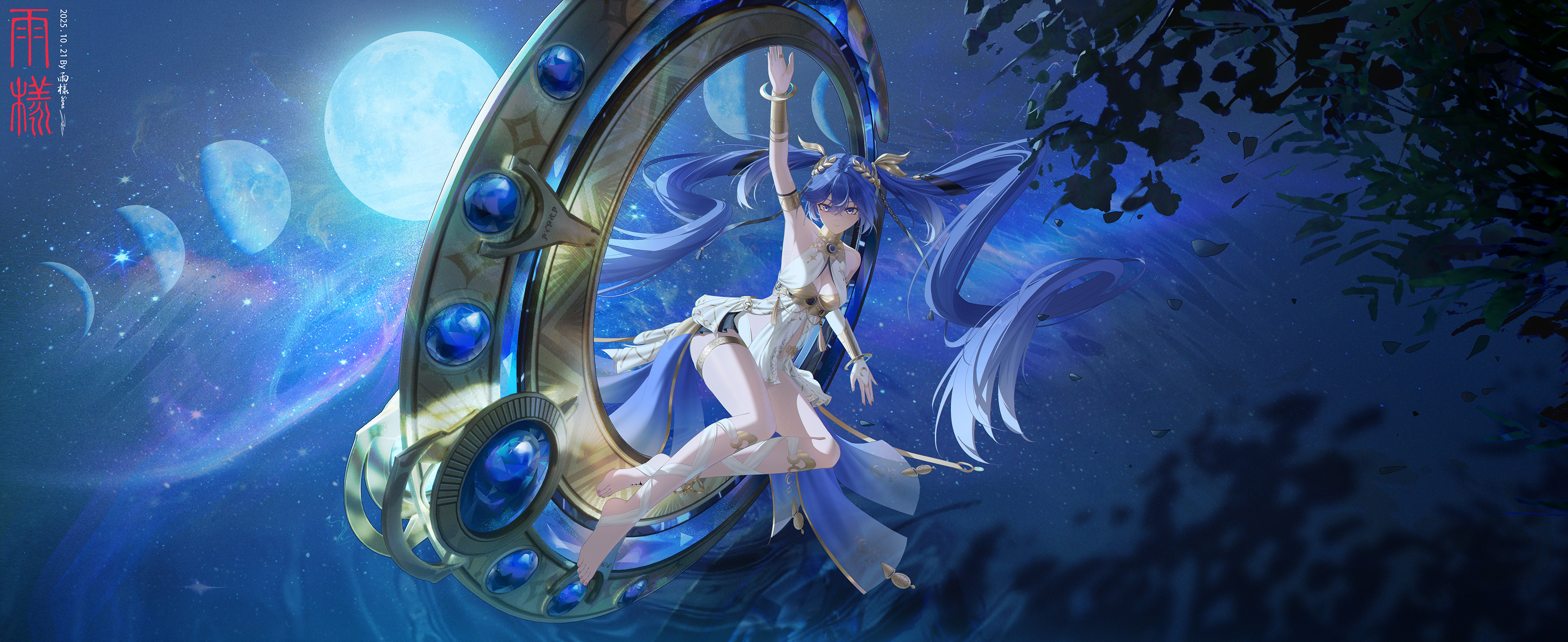rain sama, iuno (wuthering waves), wuthering waves, absurdres, highres, 1girl, ancient greek clothes, arm up, armlet, bare shoulders, barefoot, black skirt, blue eyes, blue hair, breasts, bridal gauntlets, cleavage, full body, full moon, gold bra, gradient hair, greco-roman clothes, hair between eyes, jewelry, laurel crown, leg wrap, long hair, medium breasts, moon, multicolored hair, showgirl skirt, single bridal gauntlet, skirt, solo, streaked hair, tacet mark (wuthering waves), thighlet, thighs, twintails, vambraces, very long hair, white bridal gauntlets