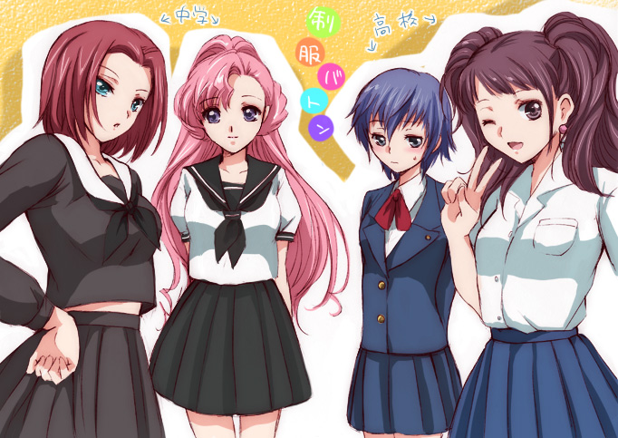 akina tsukako, euphemia li britannia, koshimizu ami, kouzuki kallen, kujikawa rise, minami omi, shirogane naoto, atlus, code geass, persona, persona 4, toradora!, 4girls, blazer, blue hair, crossover, dress shirt, jacket, miniskirt, multiple girls, one eye closed, parody, pink hair, pleated skirt, ponytail, red hair, school uniform, serafuku, shirt, short hair, skirt, twintails, v, voice actor connection, wink