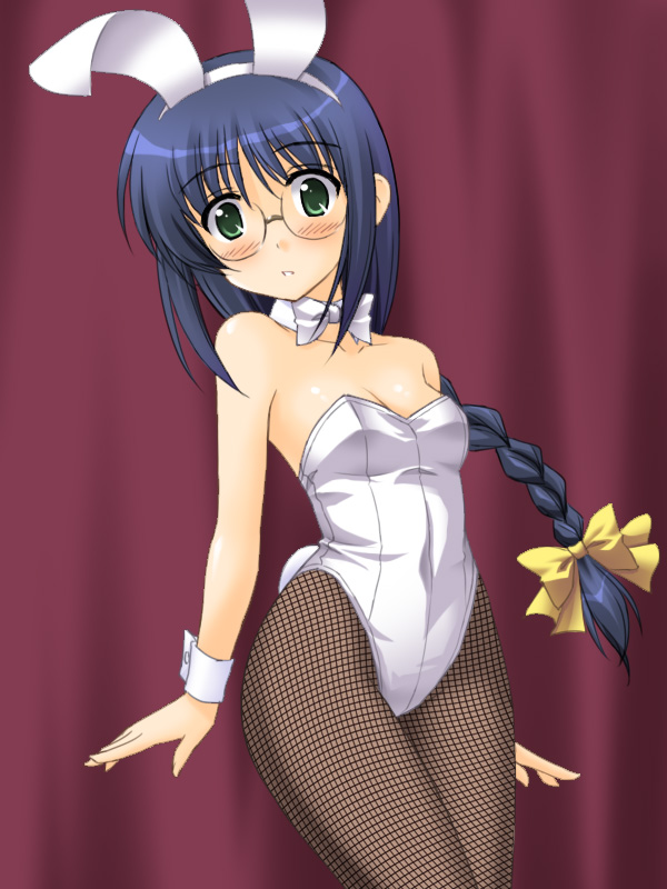 masakichi (crossroad), marie (sister princess), sister princess, 00s, animal ears, blue hair, braid, fake animal ears, fishnet pantyhose, fishnets, glasses, green eyes, long hair, pantyhose, playboy bunny, rabbit ears, solo