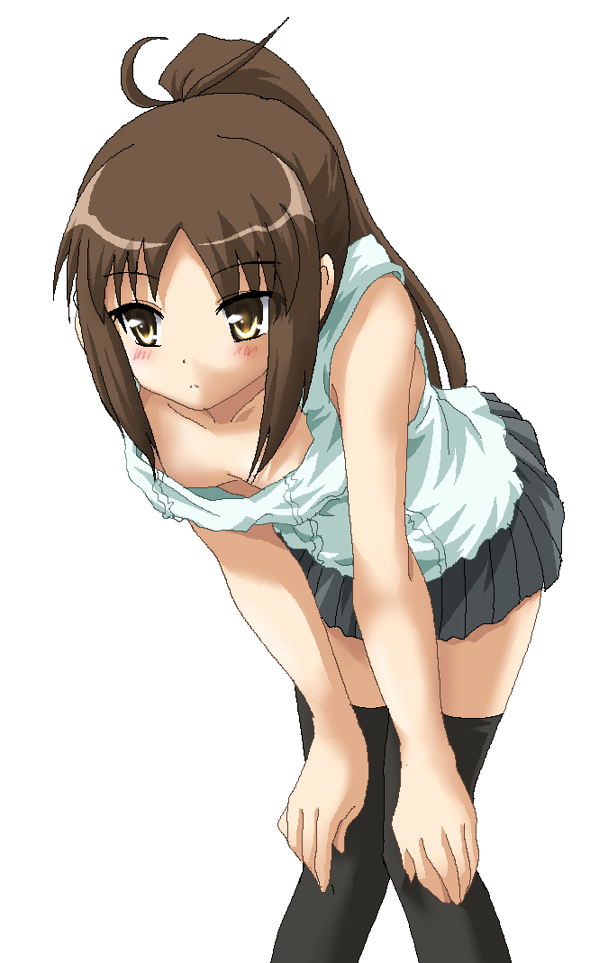 hayashiya zankurou, kyonko, suzumiya haruhi no yuuutsu, 00s, 1girl, bent over, black thighhighs, blush, brown hair, downblouse, female focus, flat chest, genderswap, genderswap (mtf), leaning forward, ponytail, skirt, solo, thighhighs, yellow eyes, zettai ryouiki