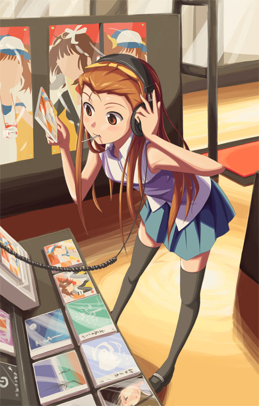 baakurou, amami haruka, minase iori, takatsuki yayoi, idolmaster, idolmaster (classic), idolmaster 1, 00s, brown eyes, brown hair, hairband, headphones, legs, long hair, ribbon, skirt, slice of life, solo, thighhighs