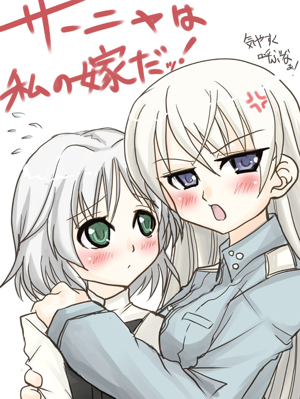 garyou, eila ilmatar juutilainen, sanya v. litvyak, strike witches, world witches series, silver hair, uniform, translated, 00s, 2girls, blue eyes, blush, couple, green eyes, hug, multiple girls, short hair, yuri