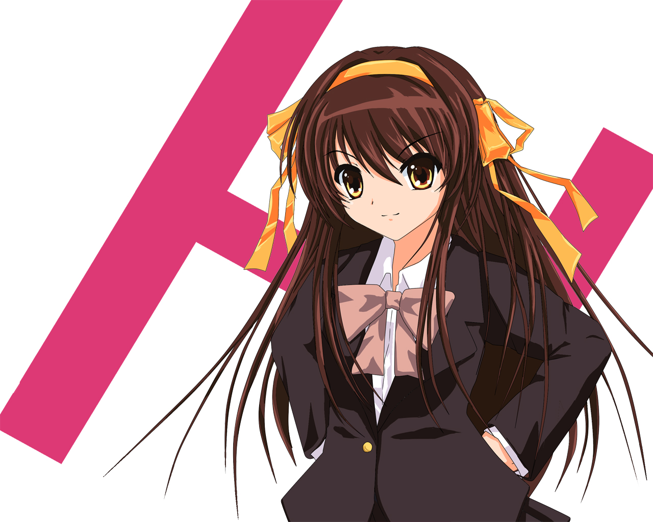 suzumiya haruhi, suzumiya haruhi no shoushitsu, suzumiya haruhi no yuuutsu, 00s, 10s, alternate costume, alternate hairstyle, blazer, brown hair, hairband, jacket, kouyouen academy school uniform, long hair, official alternate hair length, official alternate hairstyle, school uniform, solo