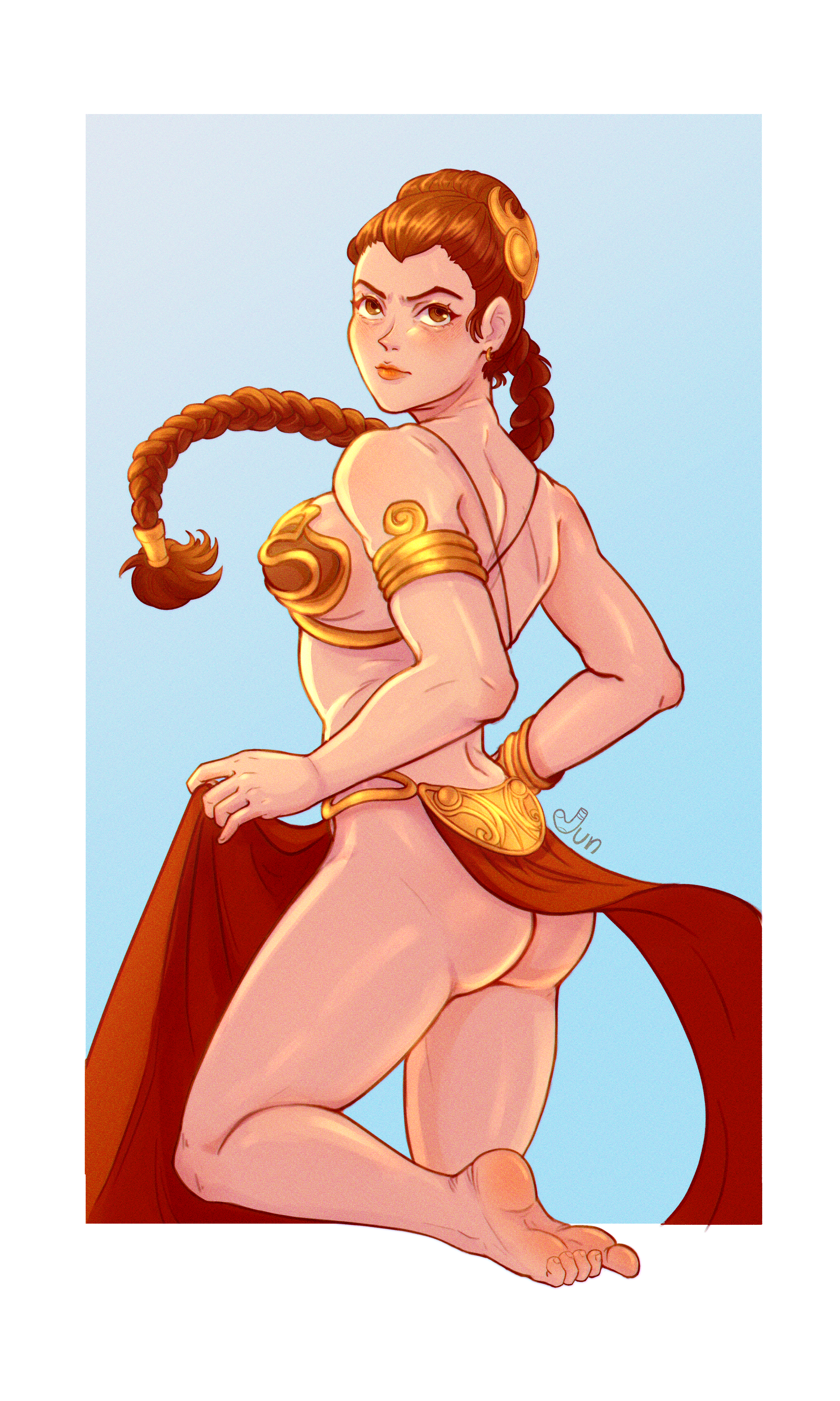huttslayer leia, princess leia, star wars, absurdres, highres, 1girl, armlet, ass, barefoot, braid, breasts, brown eyes, brown hair, feet, harem outfit, jewelry, junssockdrawer, large breasts, loincloth, long hair, looking at viewer, metal bikini, soles