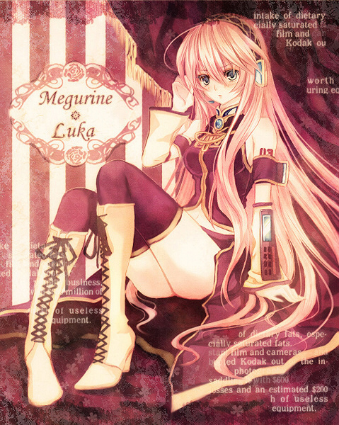 nozomi fuuten, megurine luka, vocaloid, 1girl, boots, character name, female focus, long hair, sitting, solo, text focus, thighhighs, very long hair