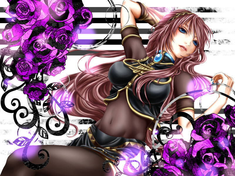achikoako, megurine luka, vocaloid, bad id, bad pixiv id, tagme, flower, long hair, midriff, navel, solo, very long hair