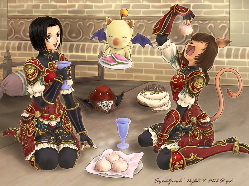 mihli aliapoh, mithra (ff11), moogle, najelith, final fantasy, final fantasy xi, 00s, 2girls, animal ears, black hair, brown hair, cat ears, cat tail, food, multiple girls, tail, thighhighs
