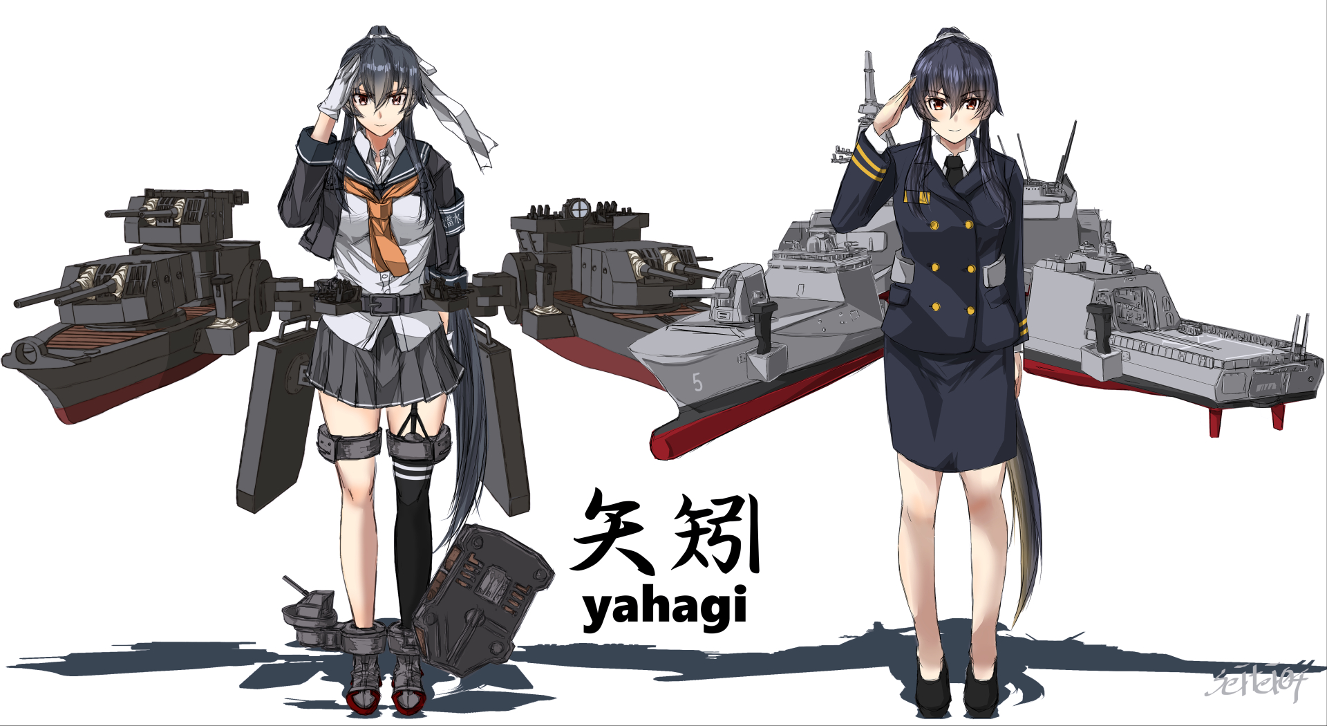 seitei (04seitei), yahagi (kancolle), yahagi kai ni (kancolle), kantai collection, highres, alternate costume, anchor symbol, asymmetrical legwear, black hair, black sailor collar, garter straps, gloves, long hair, neckerchief, orange neckerchief, pleated skirt, ponytail, red eyes, sailor collar, school uniform, serafuku, sidelocks, single garter strap, single thighhigh, skirt, thighhighs, very long hair, white gloves