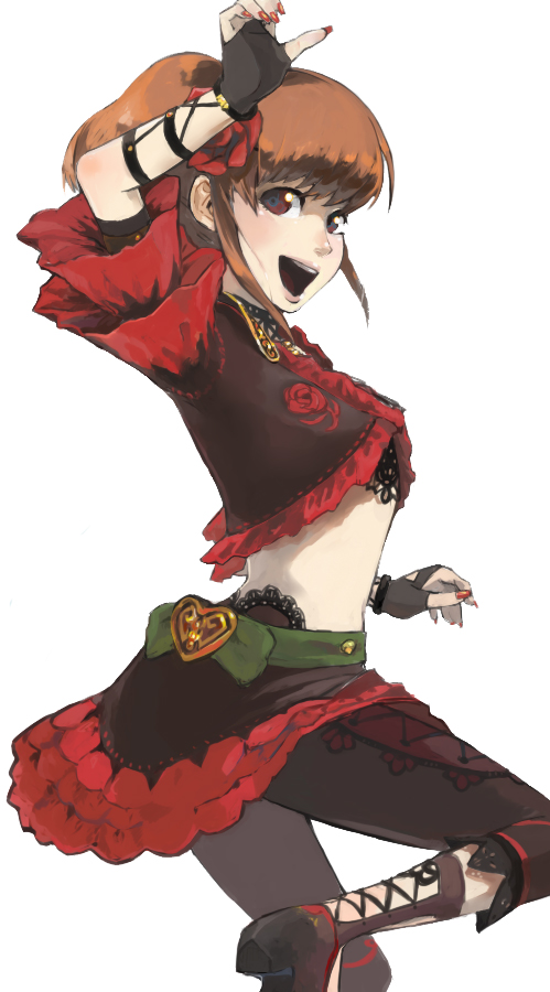 final fantasy, final fantasy xi, 00s, 1girl, brown eyes, brown hair, dancer, dancing, female focus, flamenco, flower, hair flower, hair ornament, happy, hume, looking at viewer, midriff, nail polish, open mouth, ponytail, simple background, smile, solo, white background
