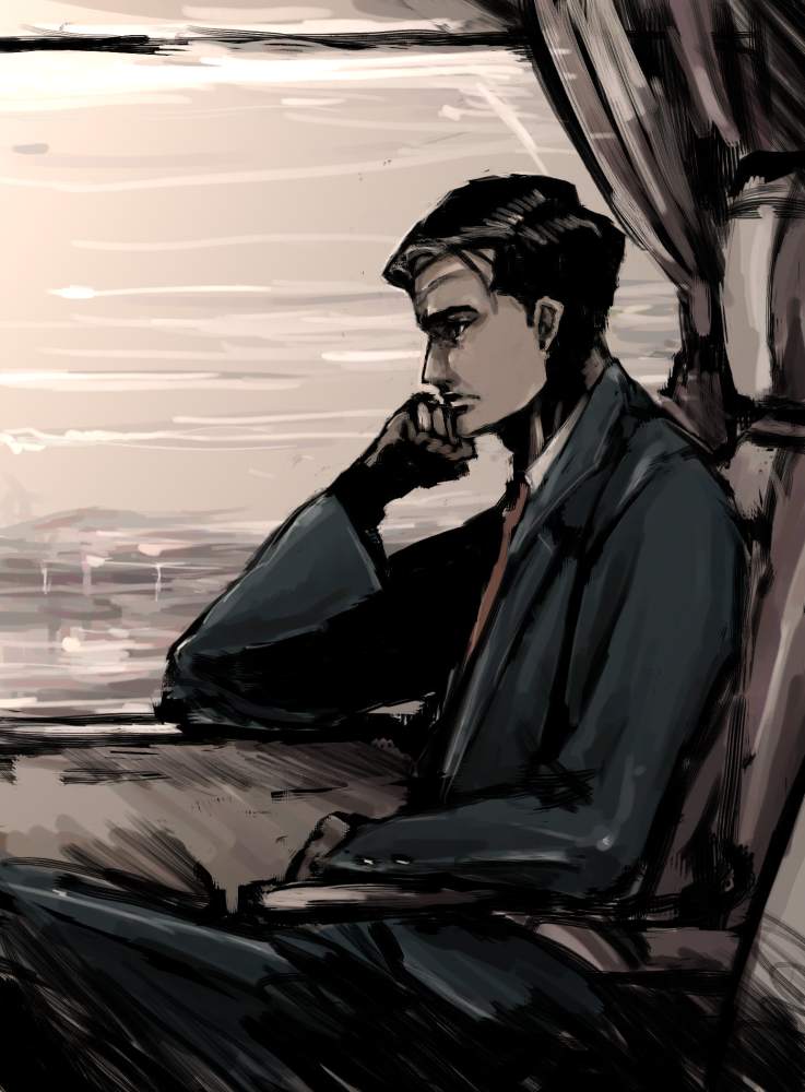 moto murabito, kodoku no gourmet, bad id, bad pixiv id, traditional media, 1boy, black hair, formal clothes, male focus, sitting, solo, suit, thinking, train, train interior