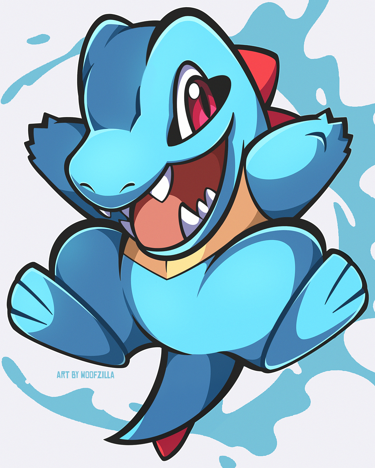 woofzilla, totodile, nintendo, pokemon, commentary, english commentary, highres, animal focus, full body, gen 2 pokemon, looking at viewer, no humans, nostrils, open mouth, pokemon (creature), red eyes, signature, simple background, solo, white background