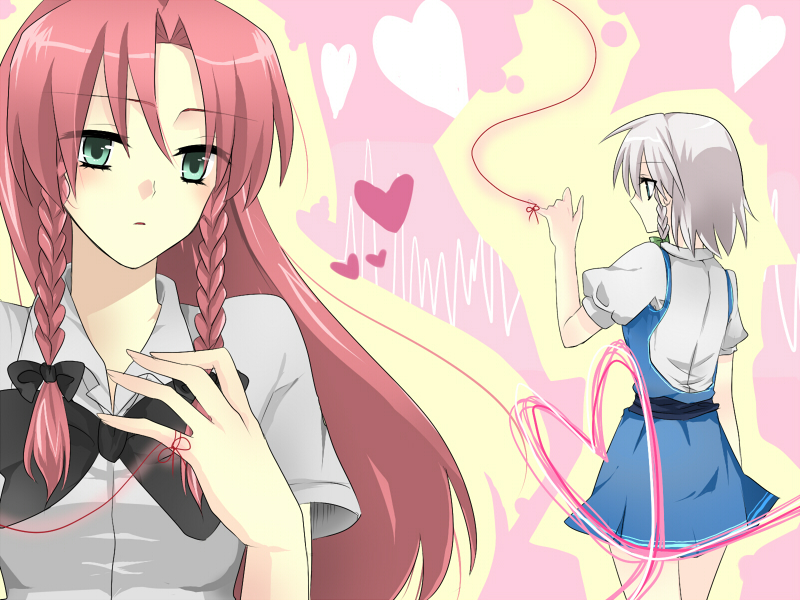kanaritu, hong meiling, izayoi sakuya, embodiment of scarlet devil, touhou, silver hair, bad id, bad pixiv id, 2girls, dress, female focus, green eyes, heart, multiple girls, red hair, ribbon, string, string of fate, upper body