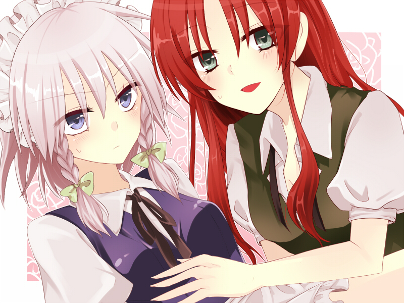 kanaritu, hong meiling, izayoi sakuya, embodiment of scarlet devil, touhou, silver hair, bad id, bad pixiv id, 2girls, blue eyes, braid, female focus, looking at viewer, multiple girls, red hair, ribbon, twin braids