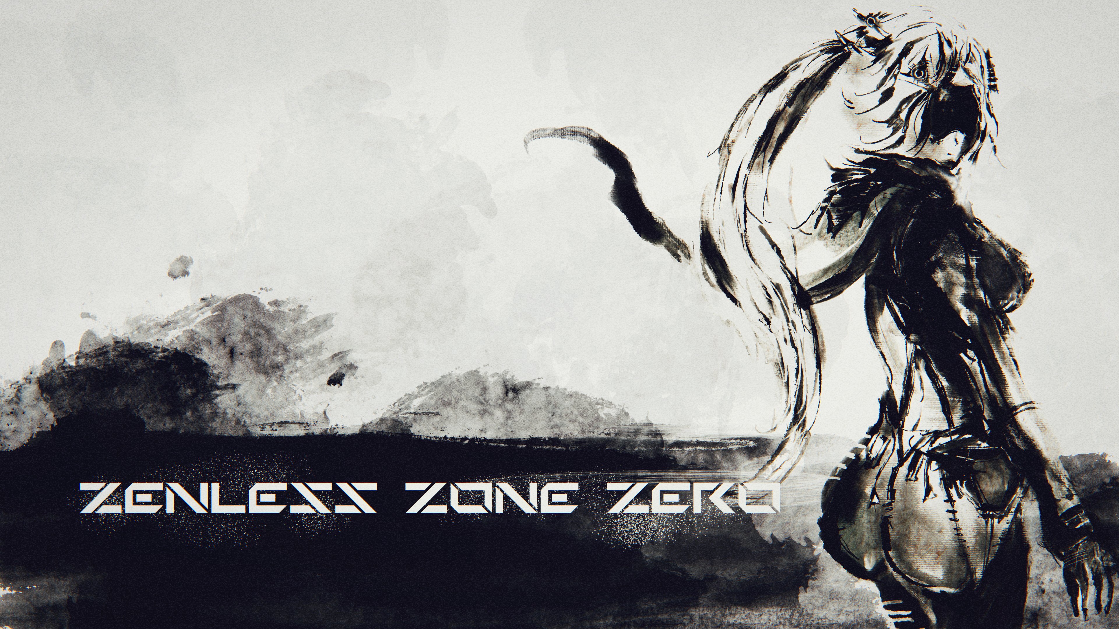 trigger (zenless zone zero), zenless zone zero, absurdres, commentary, english commentary, highres, 1girl, ass, back, black pants, blindfold mask, closed mouth, covered eyes, english text, frameture, from side, gloves, hair ornament, long hair, mask, monochrome, pants, parody, ponytail, solo, style parody, tight clothes, triangle hair ornament