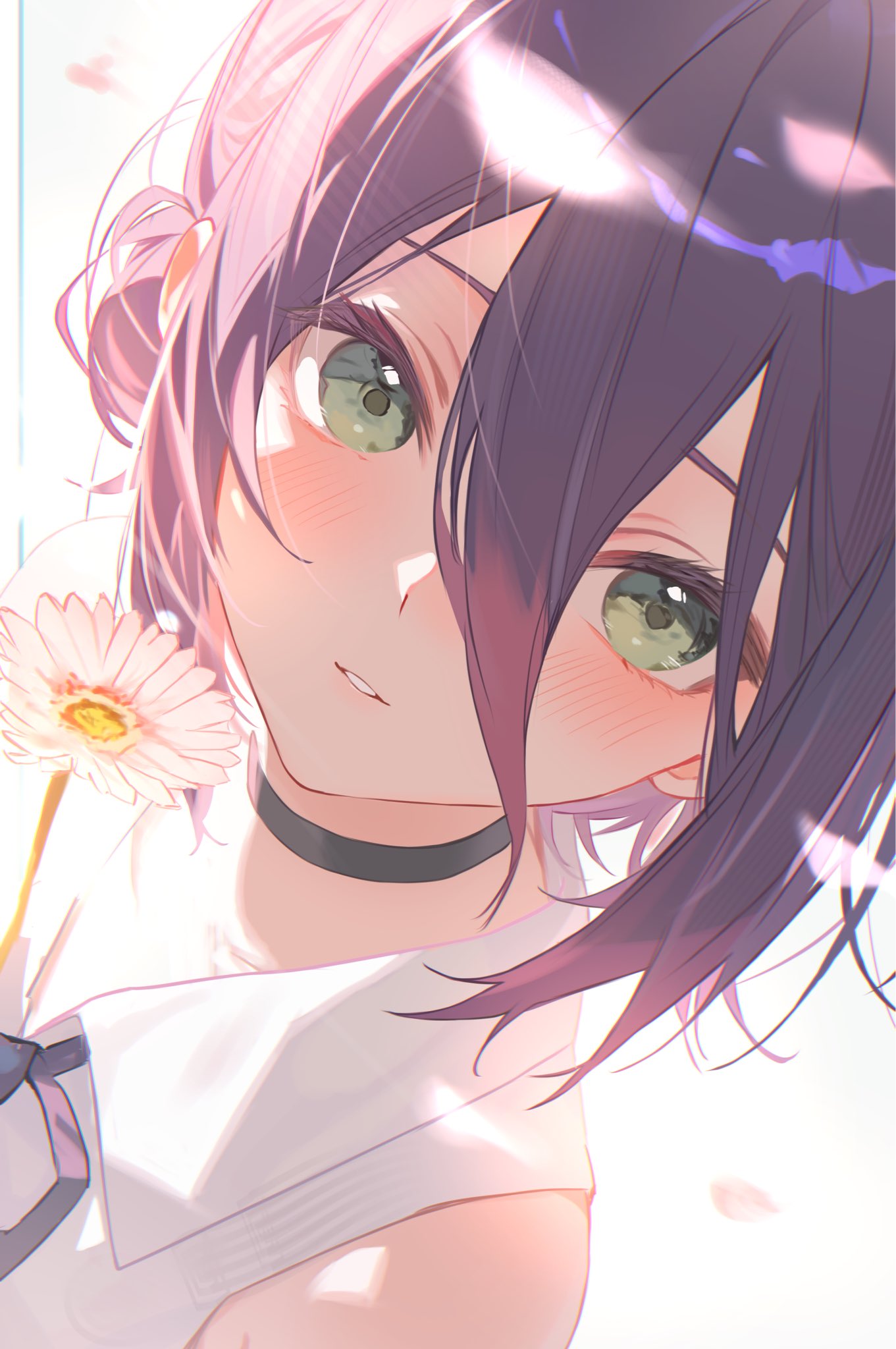nono i831, reze (chainsaw man), chainsaw man, commentary, highres, 1girl, black choker, black hair, blush, choker, collared shirt, daisy (flower), falling petals, flower, green eyes, hair between eyes, hair bun, holding, holding flower, long hair between eyes, looking at viewer, medium hair, parted lips, petals, portrait, shirt, sleeveless, sleeveless shirt, solo, white flower