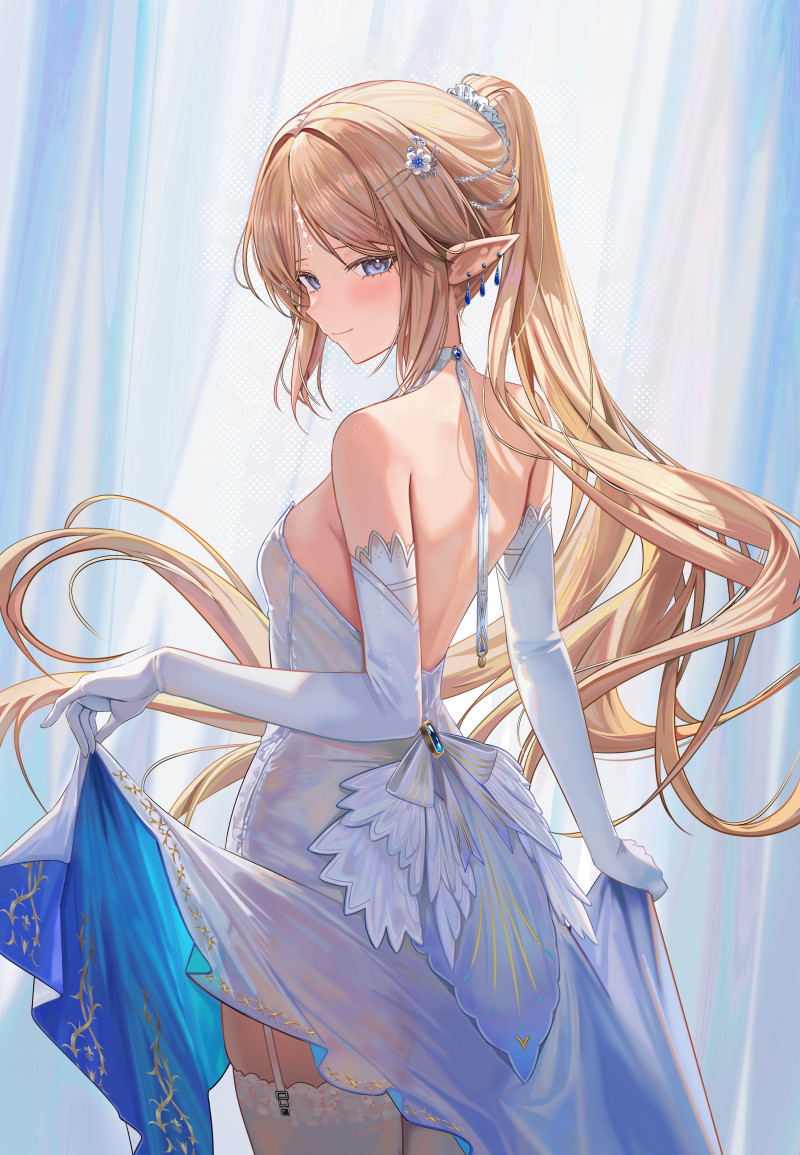 ru zhai, cartethyia (wuthering waves), wuthering waves, commentary request, paid reward available, 1girl, alternate costume, backless dress, backless outfit, bare shoulders, blonde hair, blue eyes, blush, breasts, closed mouth, cowboy shot, dress, earrings, elbow gloves, from behind, gloves, jewelry, long hair, looking at viewer, looking back, multiple earrings, parted bangs, pointy ears, ponytail, sidelocks, small breasts, smile, solo, tacet mark (wuthering waves), very long hair, white dress, white gloves