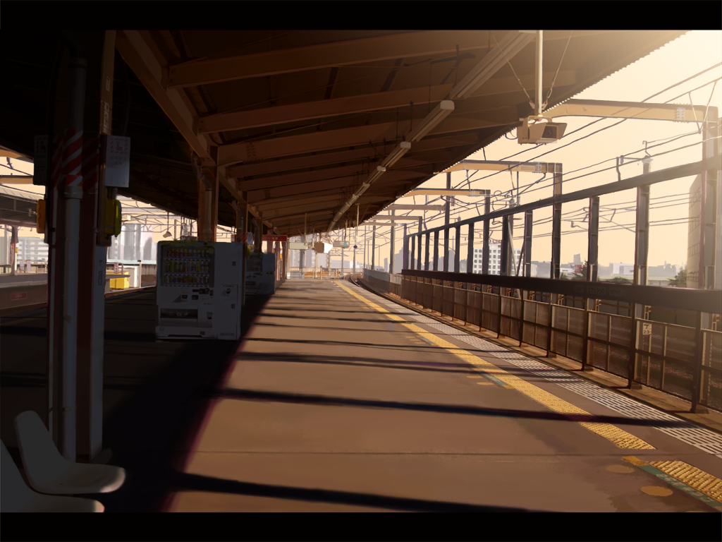 enfance, original, camera, chair, letterboxed, no humans, railroad tracks, rails, real world location, scenery, tactile paving, train station