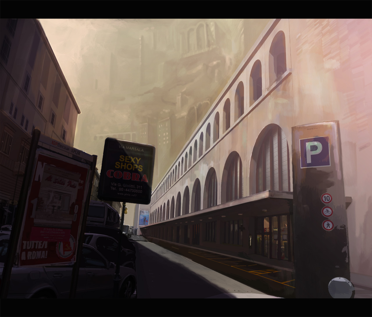 enfance, original, bad id, bad pixiv id, arch, building, car, letterboxed, motor vehicle, no humans, real world location, road, scenery, sign, street, vanishing point
