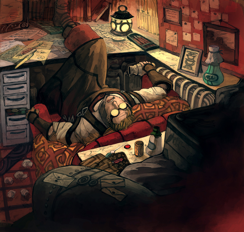 lack, messy, 1boy, apron, blonde hair, couch, desk, drinking, drunk, envelop, envelope, facial hair, glasses, goatee stubble, goggles, indoors, lantern, lying, male focus, needle, paper, pen, picture frame, quill, red upholstery, solo, stubble