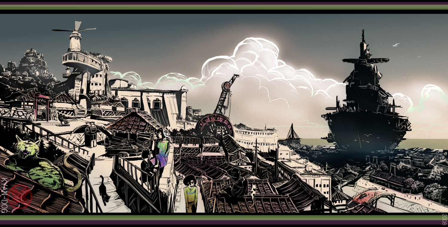 kyan-dog, 1girl, 2boys, afro, black cat, bridge, building, cat, cloud, crane (machine), dress, japanese clothes, mask, multiple boys, ninja, ocean, road, rooftop, scenery, ship, sitting, stairs, street, streetcar, tiger, watercraft