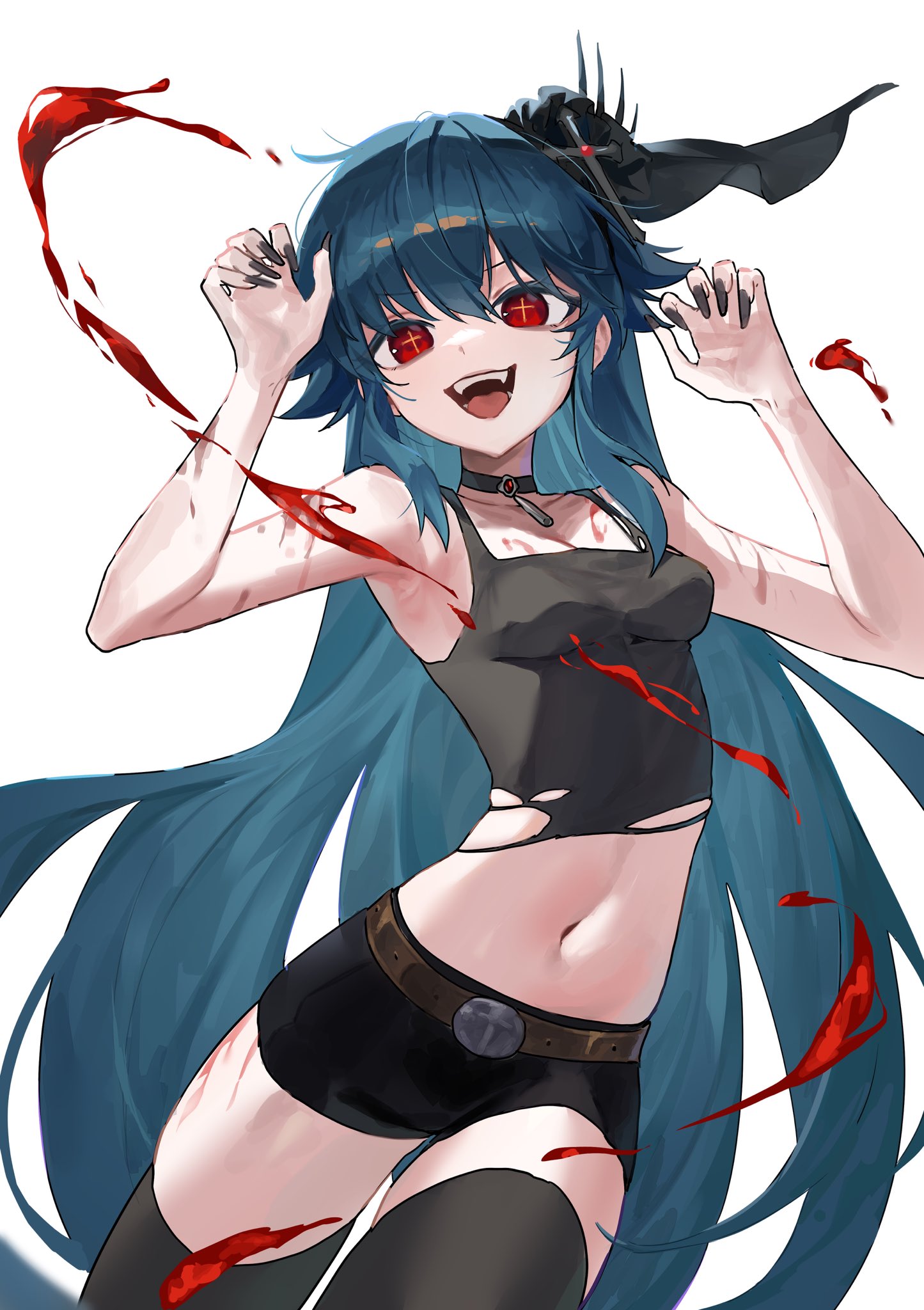 bianca (black survival), black survival, eternal return: black survival, commentary request, highres, korean commentary, 1girl, aco (aco 7313), aqua hair, armpits, belt, black choker, black shoes, blood, breasts, brown belt, choker, claw pose, cleavage, cowboy shot, crosshair pupils, fake nails, fangs, fingernails, grey nails, grey tank top, grey thighhighs, hair between eyes, long bangs, long fingernails, long hair, looking at viewer, medium breasts, midriff, navel, open mouth, palms, red eyes, shoes, short shorts, shorts, simple background, smile, solo, tank top, thigh strap, thighhighs, torn clothes, torn tank top, v-shaped eyebrows, very long hair, white background, wispy bangs