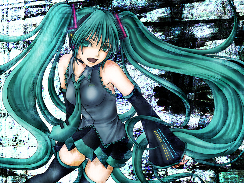 achikoako, hatsune miku, vocaloid, bad id, bad pixiv id, 1girl, aqua hair, female focus, long hair, necktie, solo, thighhighs, twintails, very long hair