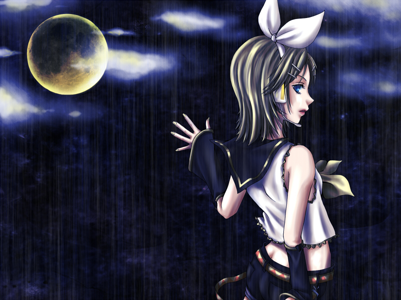 achikoako, kagamine rin, vocaloid, bad id, bad pixiv id, blonde hair, blue eyes, butt crack, moon, night, solo
