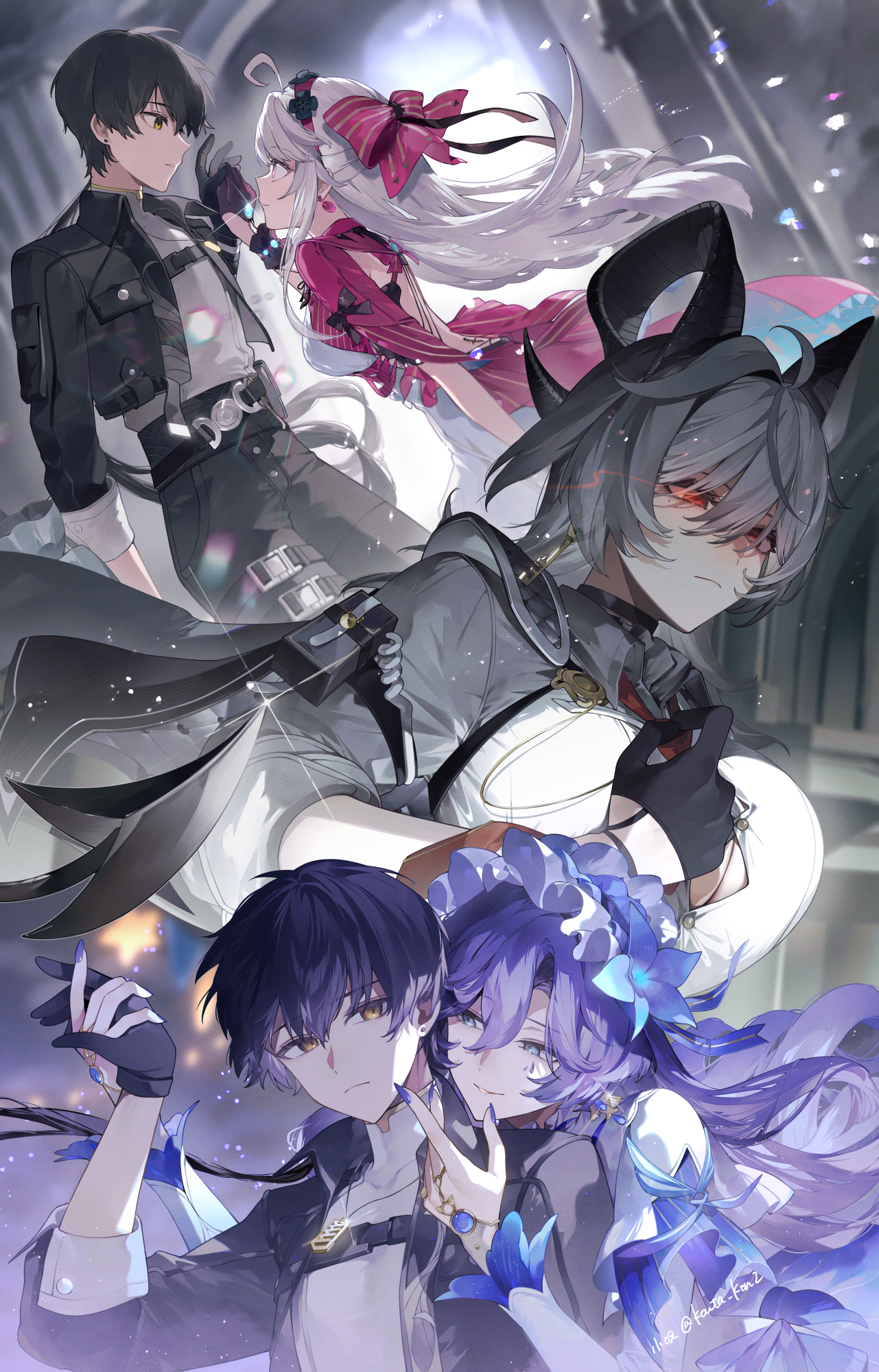 kouta (pixiv14981568), cantarella (wuthering waves), carlotta (wuthering waves), male rover (wuthering waves), rover (wuthering waves), zani (wuthering waves), wuthering waves, commentary request, highres, 1boy, 3girls, adjusting clothes, adjusting necktie, ahoge, arm pouch, black choker, black gloves, black hair, black horns, black jacket, black pants, blue flower, bow, breasts, button gap, choker, closed mouth, collared jacket, curled horns, dress, earrings, eye contact, eye trail, facial mark, fingernails, flower, gloves, grey shirt, hair between eyes, hair bow, hair flower, hair ornament, headdress, holding hands, horns, jacket, jacket on shoulders, jewelry, large breasts, light trail, long fingernails, long hair, looking at another, mark under eye, medium breasts, multiple girls, multiple views, nail polish, necktie, open clothes, open jacket, pants, parted lips, pink bow, pink jacket, purple hair, purple nails, red necktie, shirt, smile, striped bow, tacet mark (wuthering waves), white dress, yellow eyes