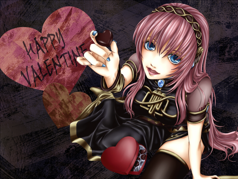 achikoako, megurine luka, vocaloid, bad id, bad pixiv id, 1girl, arm support, black thighhighs, blue eyes, blue nails, candy, chocolate, chocolate heart, english text, female focus, food, happy valentine, heart, incoming gift, long hair, nail polish, sitting, solo, thighhighs, valentine, very long hair