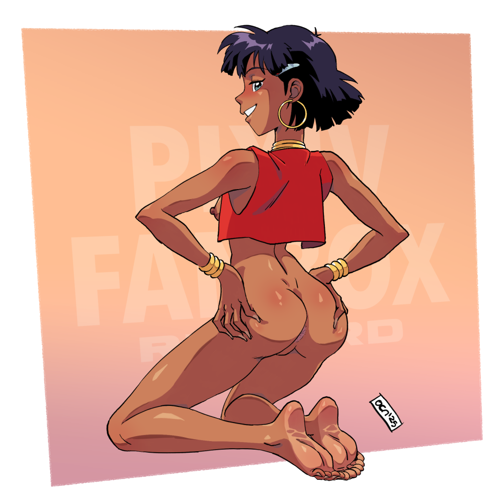 oca-world, nadia la arwall, fushigi no umi no nadia, commentary, english commentary, paid reward available, 1girl, anus, artist name, ass, ass blush, bare shoulders, barefoot, blunt ends, blush, bob cut, border, bottomless, bracelet, breasts, cropped vest, dark-skinned female, dark skin, dated, dimples of venus, earrings, english text, facing away, from behind, full body, gold bracelet, gold earrings, gradient background, green eyes, grin, hair ornament, hairclip, hands on own ass, hands on own hips, hoop earrings, jewelry, kneeling, looking at viewer, looking back, neck ring, nipples, no bra, nose blush, open clothes, open vest, orange background, outside border, parted lips, partially visible vulva, purple hair, red vest, shiny skin, short hair, shoulder blush, signature, sleeveless, small breasts, smile, soles, solo, toes, vest, white border