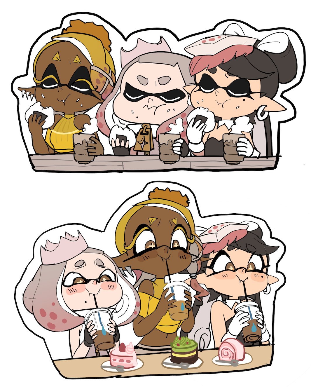 yuta agc, callie (splatoon), frye (splatoon), pearl (splatoon), nintendo, splatoon (series), splatoon 1, splatoon 2, splatoon 3, highres, 3girls, black hair, blonde hair, bow-shaped hair, cake, cake slice, closed eyes, colored eyelashes, crop top, crown, dark-skinned female, dark skin, drinking straw, earrings, eating, fingerless gloves, food, food on face, food on head, gloves, gradient hair, inkling, jewelry, long hair, long pointy ears, mole, mole under eye, mole under mouth, multicolored hair, multiple earrings, multiple girls, object on head, onigiri, pointy ears, steaming cup, tentacle hair, yellow eyes, zipper pull tab