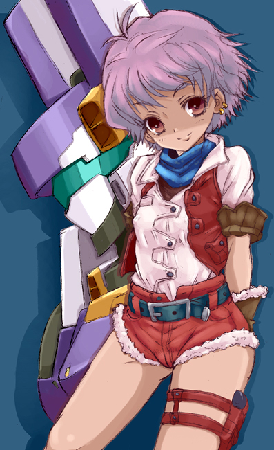 kannagi kaname, serius ii, sheldia rouge, banpresto, super robot wars, super robot wars k, bad id, bad pixiv id, denim, denim shorts, earrings, jewelry, mecha, pink hair, robot, short hair, shorts, smile