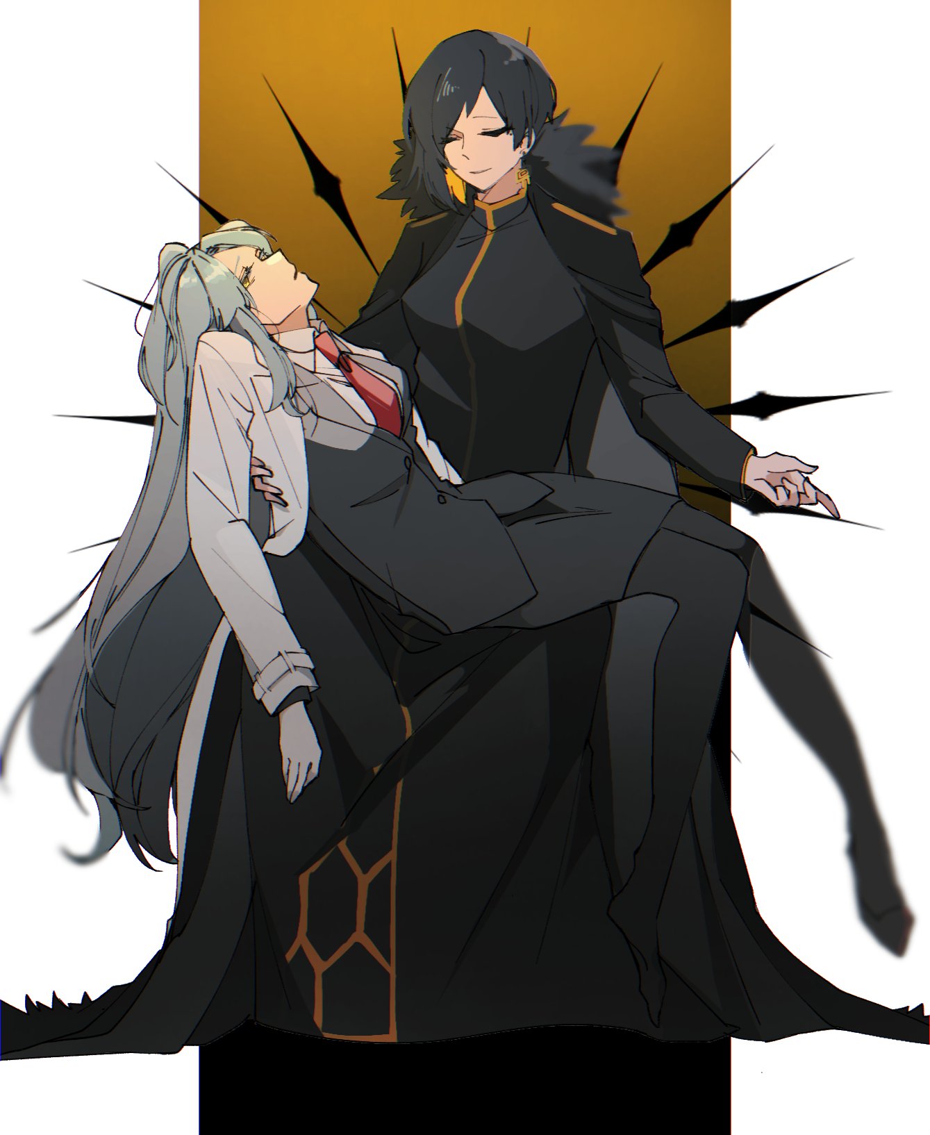 angela (project moon), binah (project moon), lobotomy corporation, project moon, derivative work, highres, 2girls, 779 nnk, black cape, black dress, black hair, black jacket, black pantyhose, black skirt, blonde hair, blue hair, cape, carrying, carrying person, closed eyes, closed mouth, coat, collared shirt, colored inner hair, dress, formal clothes, fur-trimmed cape, fur trim, jacket, lab coat, long hair, long sleeves, multicolored hair, multiple girls, necktie, no shoes, pantyhose, pencil skirt, red necktie, shirt, short hair, simple background, sitting, sitting on lap, sitting on person, skirt, smile, suit, very long hair, white coat