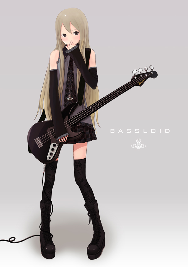 kokudou juunigou, original, vocaloid, bass guitar, boots, brown hair, detached sleeves, guitar, instrument, legs, long hair, long legs, necktie, parody, skirt, solo, thighhighs, zettai ryouiki