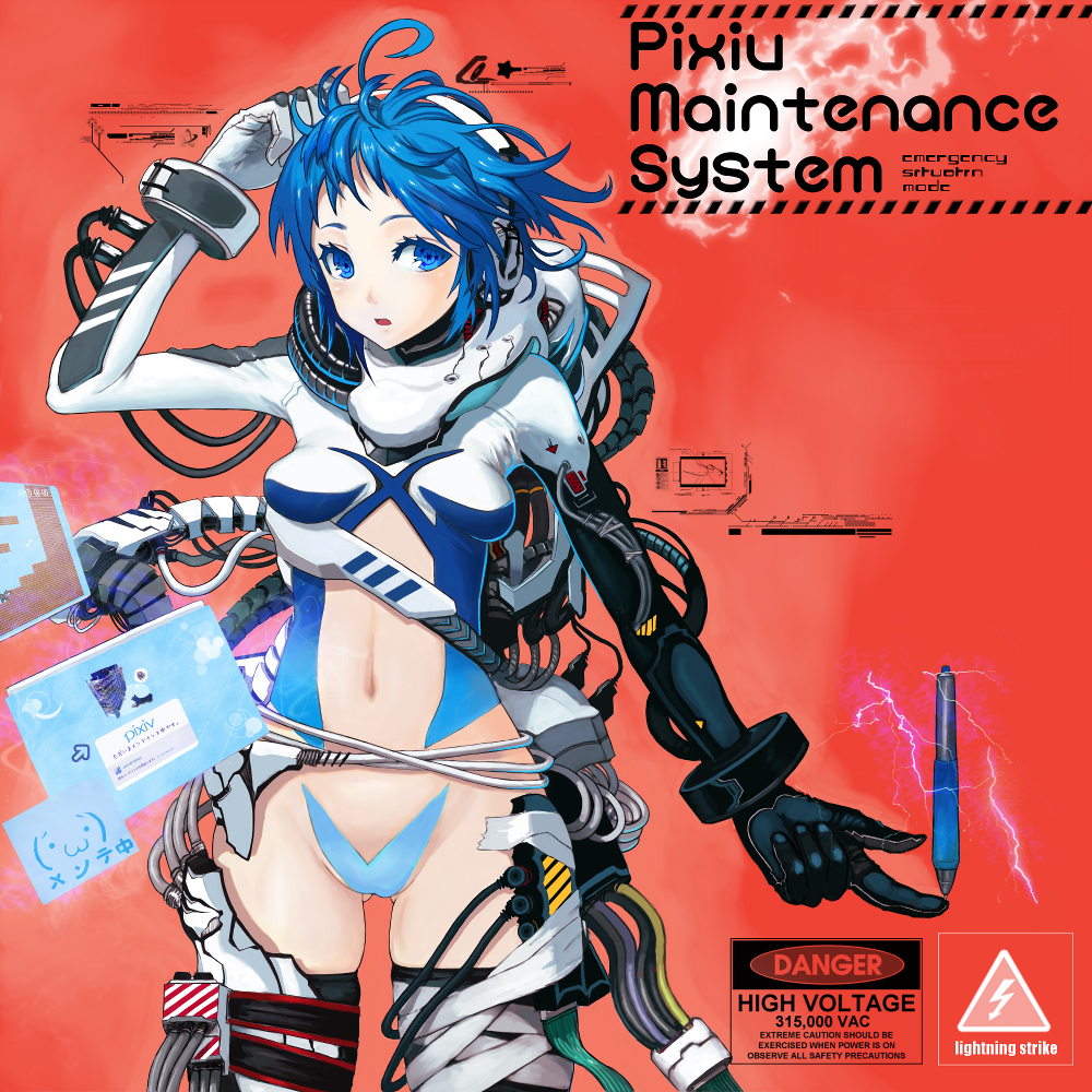 chikokuma, pixiv-tan, pixiv, bad id, bad pixiv id, 1girl, blue eyes, blue hair, cable, english text, female focus, headphones, maebari, matching hair/eyes, pen, personification, red background, short hair, solo, tape, thighhighs