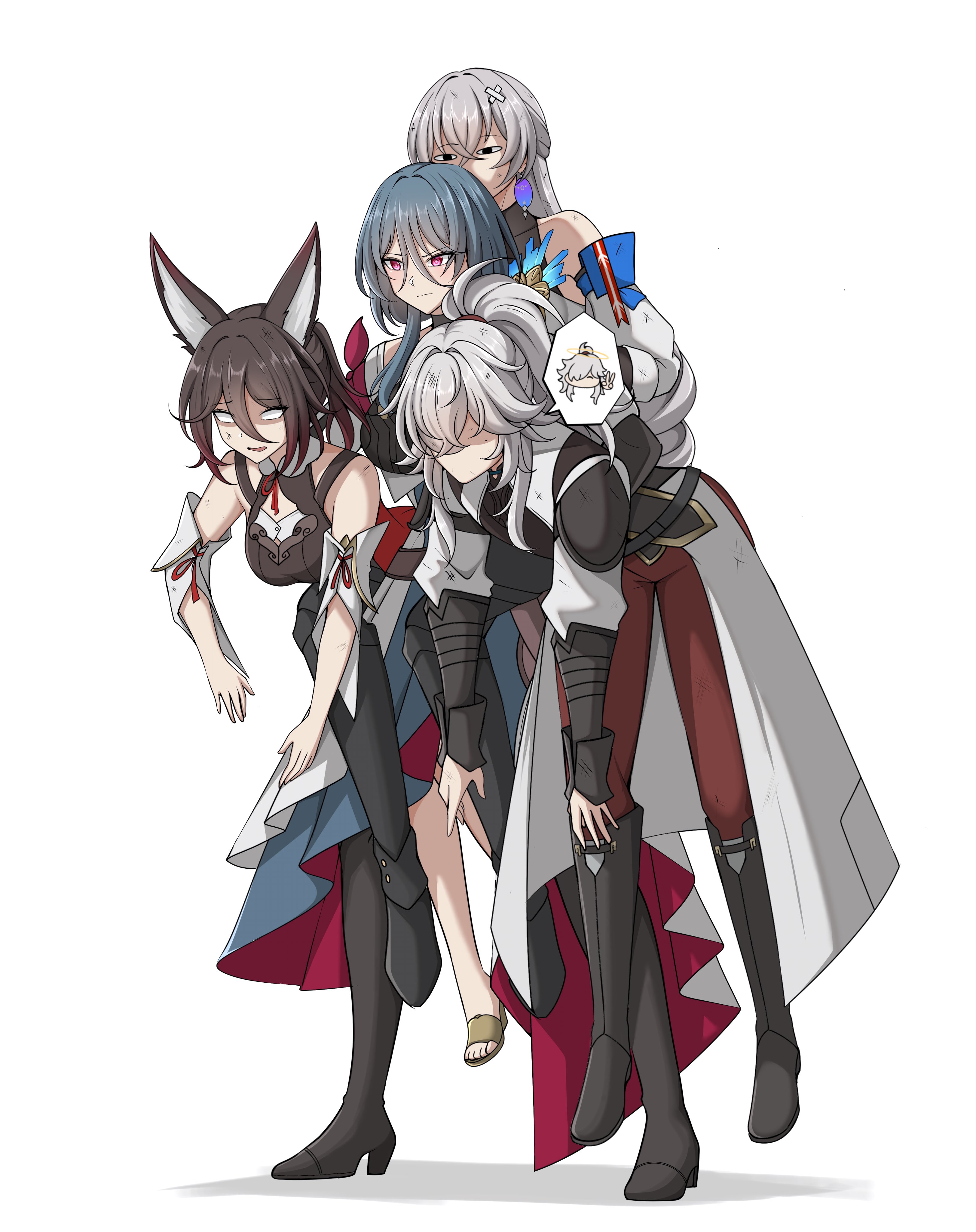 bronya rand, jing yuan, natasha (honkai: star rail), tingyun (honkai: star rail), honkai: star rail, honkai (series), absurdres, commentary, english commentary, highres, 1boy, 3girls, animal ear fluff, animal ears, bare shoulders, black boots, blue hair, boots, breasts, closed mouth, dirty, dirty clothes, dirty face, dragongg66074, earrings, fox ears, fox girl, full body, grey hair, hair between eyes, hair over one eye, jewelry, large breasts, long hair, long sleeves, multiple girls, one eye covered, open mouth, pants, ponytail, red pants, simple background, standing, white background
