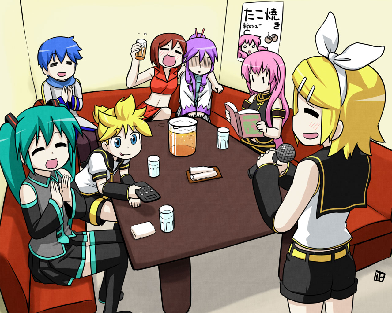 nagian, hatsune miku, kagamine len, kagamine rin, kaito (vocaloid), kamui gakupo, megurine luka, meiko (vocaloid), takoluka, vocaloid, 4boys, 4girls, :p, = =, aqua hair, blush, book, cameo, controller, drunk, karaoke, microphone, multiple boys, multiple girls, remote control, thighhighs, tongue, tongue out, | |