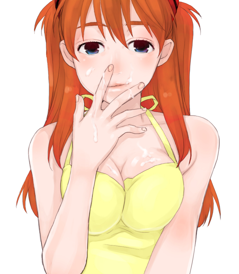 kari (kakko k), souryuu asuka langley, neon genesis evangelion, rebuild of evangelion, bad id, bad pixiv id, 00s, 1girl, blue eyes, breasts, cleavage, cum, cum on body, cum on breasts, cum on upper body, dress, facial, female focus, large breasts, long hair, orange hair, solo, yellow dress