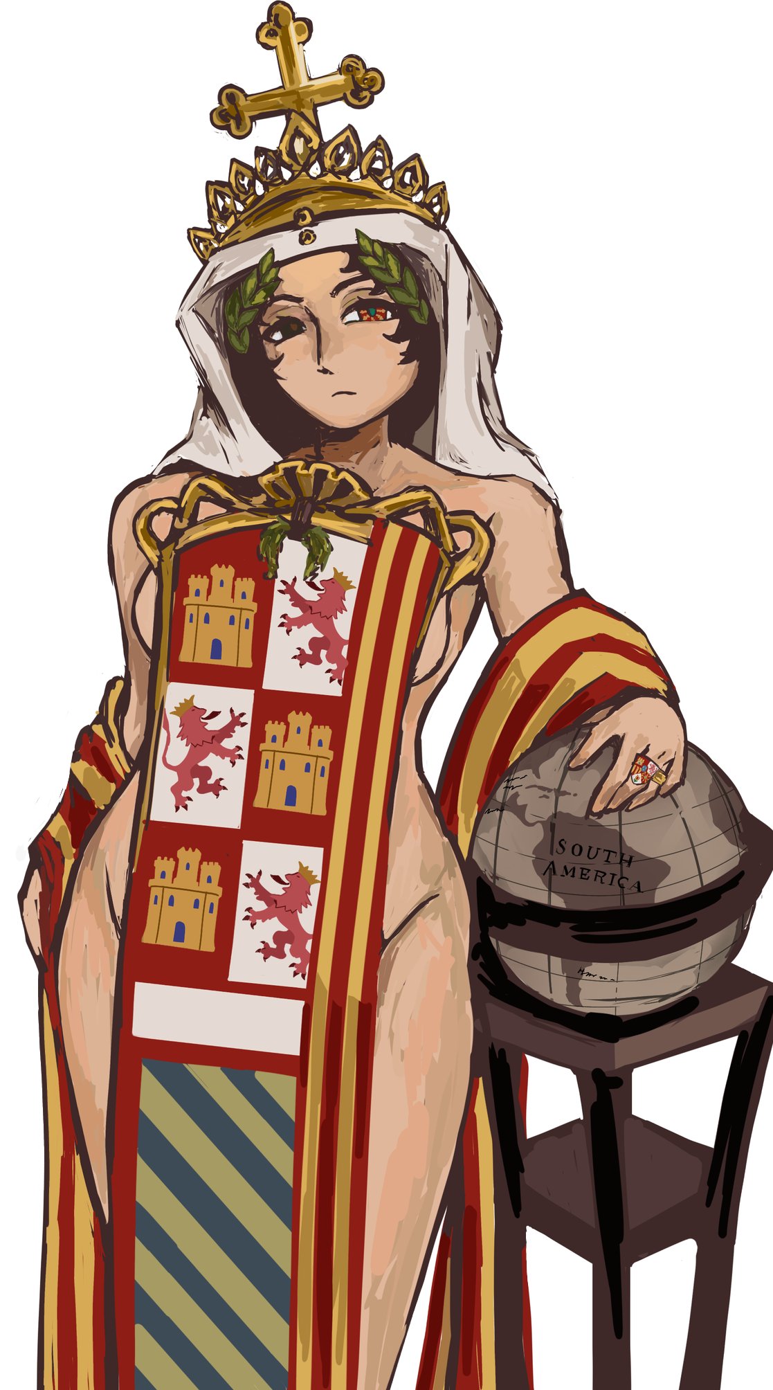 yayayaach, original, real life, highres, apron, black eyes, breasts, brown hair, cowboy shot, cross, crown, dark-skinned female, dark skin, expressionless, globe, heterochromia, laurel crown, looking at viewer, medium breasts, multicolored eyes, naked apron, personification, red eyes, sideboob, spain, spanish flag, table, thighs, veil, wide hips