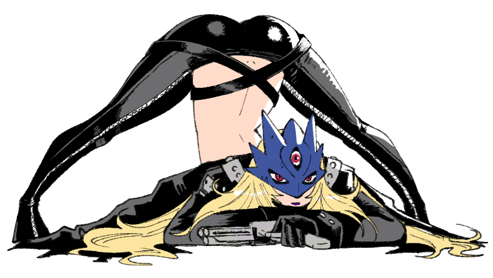 wanderjegson, beelstarmon, digimon, 1girl, ass, black coat, black pants, blonde hair, coat, digimon (creature), finger on trigger, full body, gun, holding, holding gun, holding weapon, jack-o' challenge, long hair, pants, simple background, third eye, top-down bottom-up, weapon, white background