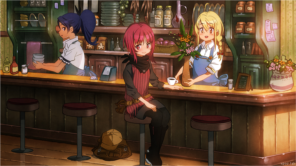 kikuchi, kikuchi (xpoz), original, 3girls, ahoge, bar (place), bar stool, blonde hair, blush, coffee, flower, multiple girls, pantyhose, ponytail, purple hair, red hair, sitting, stool, waitress