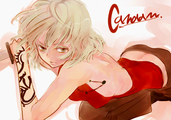 kito (coyo), canaan (character), 428, 428: fuusa sareta shibuya de, canaan (series), chunsoft, 1girl, ass, back, bare shoulders, blonde hair, brown eyes, butt crack, character name, female focus, grey eyes, knife, short hair, solo, tattoo