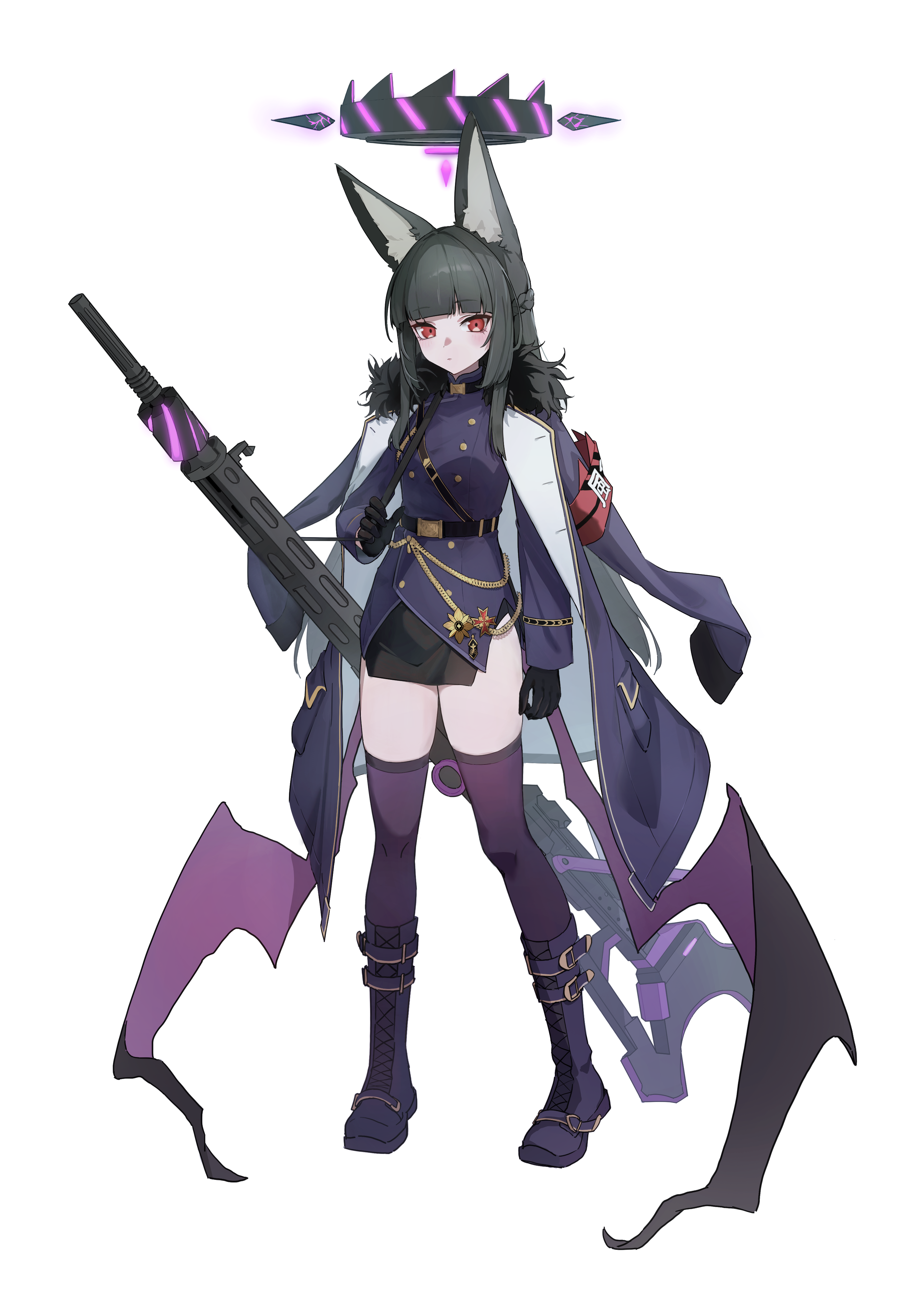 sharlll, hina (blue archive), hoshimi miyabi, blue archive, zenless zone zero, absurdres, chinese commentary, commentary request, highres, 1girl, aiguillette, animal ear fluff, animal ears, arm at side, armband, belt, belt buckle, black belt, black gloves, black hair, black halo, black skirt, blunt bangs, blush, boots, braid, buckle, buttons, closed mouth, coat, coat on shoulders, cosplay, double-breasted, fox ears, fur-trimmed coat, fur trim, gloves, gun, half up braid, halo, hand up, hina (blue archive) (cosplay), holding, holding behind back, holding strap, holding weapon behind back, jacket, long hair, long sleeves, looking at viewer, low wings, machine gun, mechanical halo, medal, mg42, miniskirt, purple boots, purple coat, purple jacket, purple thighhighs, purple wings, red armband, red eyes, side slit, sidelocks, simple background, skirt, solo, spiked halo, standing, thighhighs, two-sided coat, two-sided fabric, weapon, white background, white coat, wings