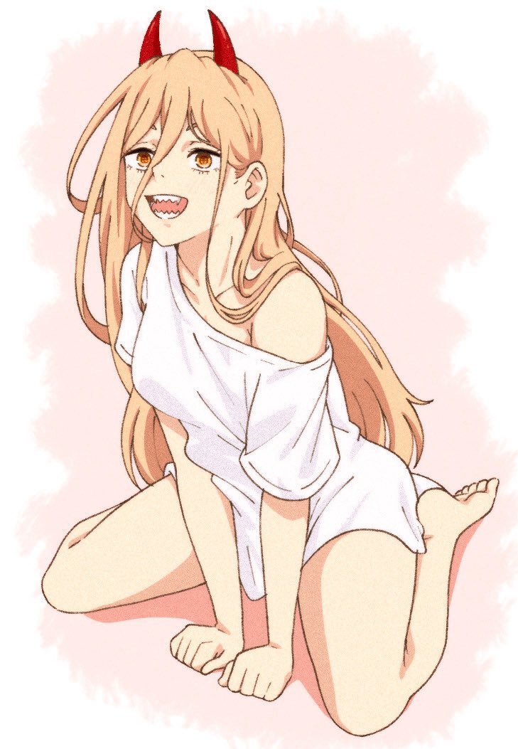 power (chainsaw man), chainsaw man, 1girl, arar0158, arms between legs, barefoot, blonde hair, collarbone, demon girl, demon horns, full body, hair between eyes, horns, long hair, long hair between eyes, open mouth, oversized clothes, oversized shirt, pink background, red horns, ringed eyes, sharp teeth, shirt, short sleeves, sitting, solo, t-shirt, teeth, two-tone background, wariza, white background, white shirt, yellow eyes