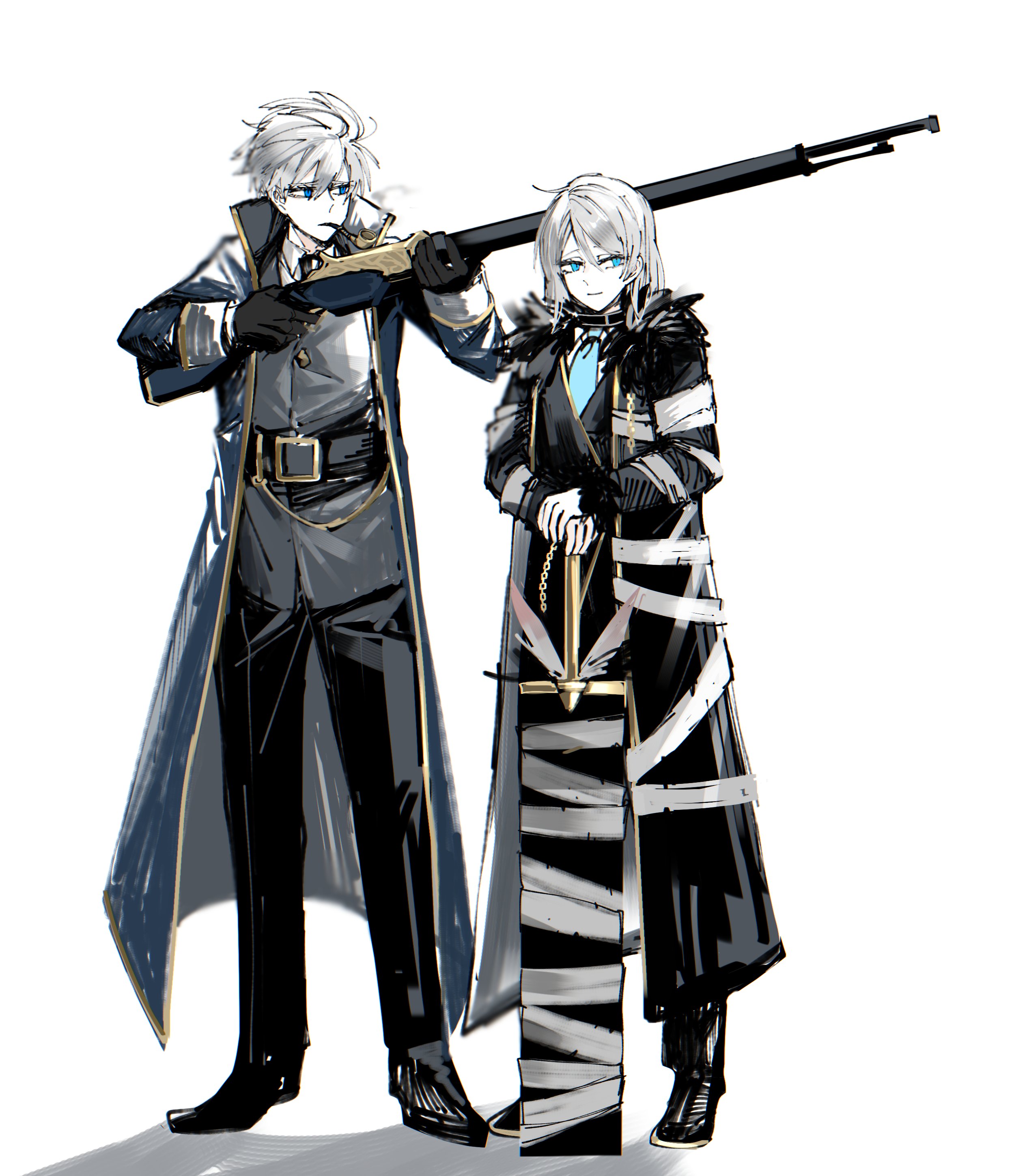 project moon, absurdres, highres, 1boy, 1girl, 779 nnk, bandages, belt, black belt, black coat, black gloves, black necktie, black pants, black shoes, blue coat, blue eyes, blue necktie, boots, coat, collared shirt, e.g.o (project moon), full body, fur-trimmed coat, fur trim, gloves, gun, hands on hilt, holding, holding gun, holding sword, holding weapon, justitia (e.g.o), long sleeves, magic bullet (e.g.o), necktie, pants, planted, planted sword, planted weapon, rifle, shirt, shoes, short hair, siblings, simple background, smile, smoke, smoking pipe, standing, sword, two-handed, vest, waistcoat, weapon, white background, white hair