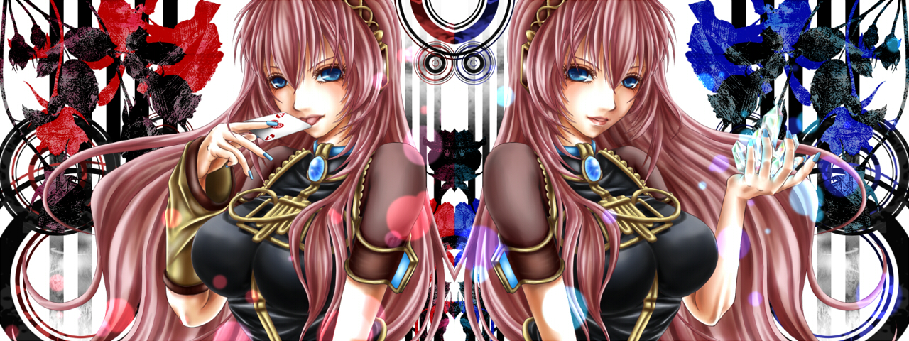 achikoako, megurine luka, vocaloid, bad id, bad pixiv id, 1girl, breasts, card, flower, holding, holding card, ice, large breasts, nail polish, siblings, twins